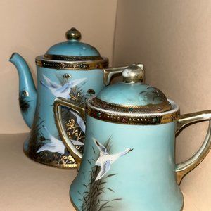 Nippon Japanese Flying Geese Teapot and Sugar BowelSet, Turquoise, Gold, Jeweled